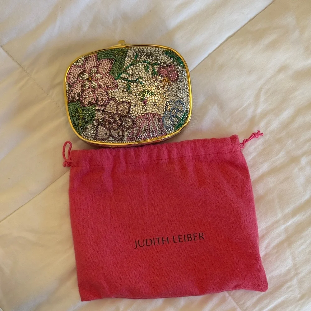 Judith Leiber Multicolor Crystal Floral Minaudière with Gold Frame - Picture 1 of 5